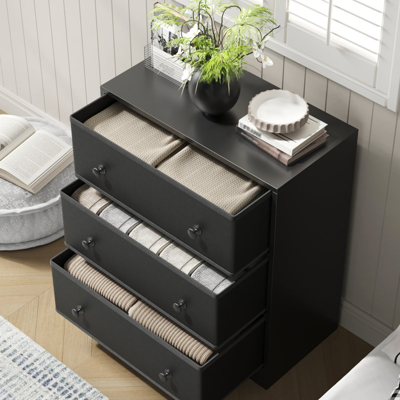 Modern Nightstand, 22.8" Wide Wood End Table With Fabric Drawers, Small Side Table For Bedroom, Black, Black