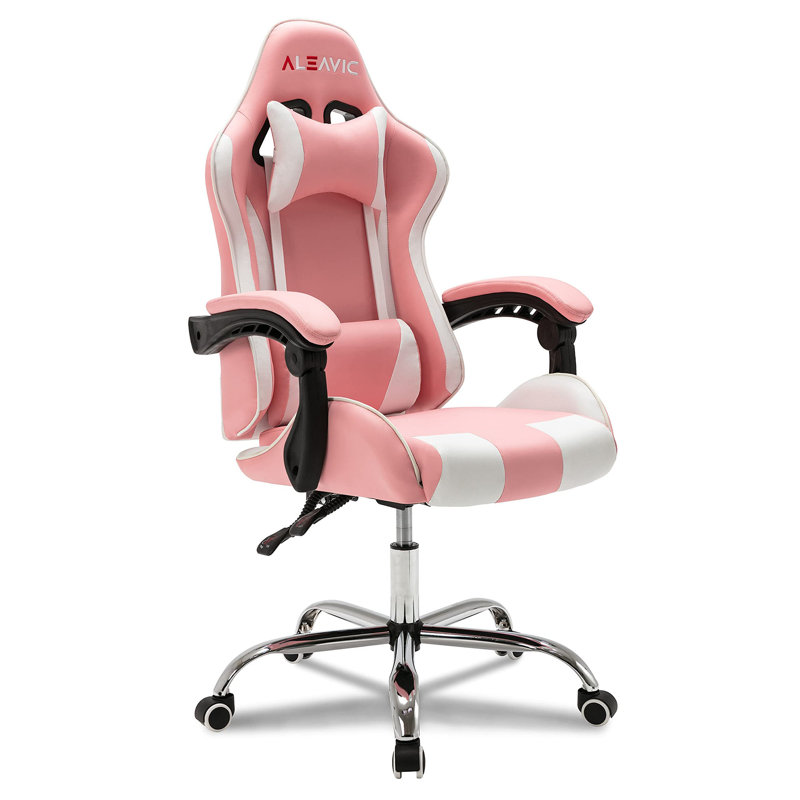 XINMICS Adjustable Reclining Ergonomic Faux Leather Swiveling PC & Racing Game Chair, Pink/White