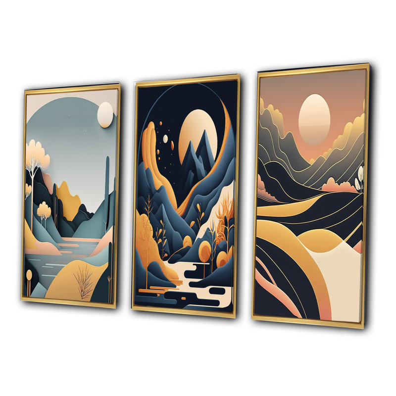 «Full White Moon Over The Mountains», 3 pièces sur toile, H 20 po x l 36 po, Or