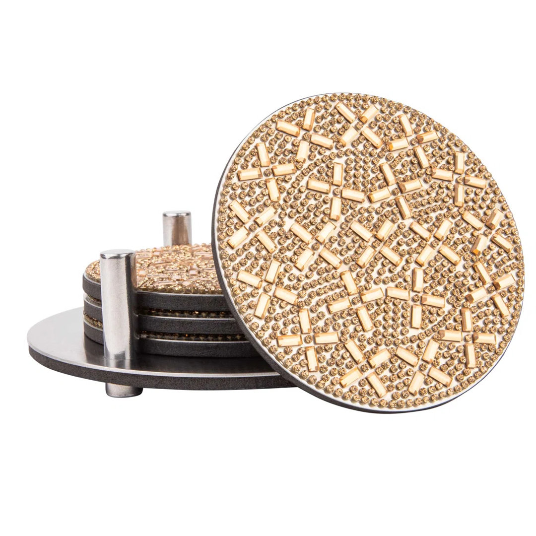 Sparkles Home | Madison Avenue Stainless Steel Coaster Set with Rhinestones | Set of 4 with Holder Sparkles Home