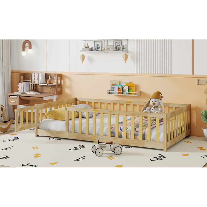  Lit simple en bois d'hévéa avec clôture et porte battante, barrières de sécurité, profil bas, naturel, Lit simple, Beige