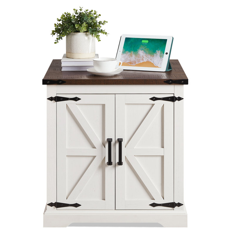 Jaimar 24"W Farmhouse Square End Table with Charging Station&Adjustable Storage Shelf,  Dark Walnut, Vintage White