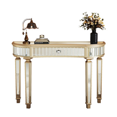47" Half-Moon Mirrored Console Table with Fluted Glass & Crystal Knob Drawer - Silver Entryway Vanity Desk