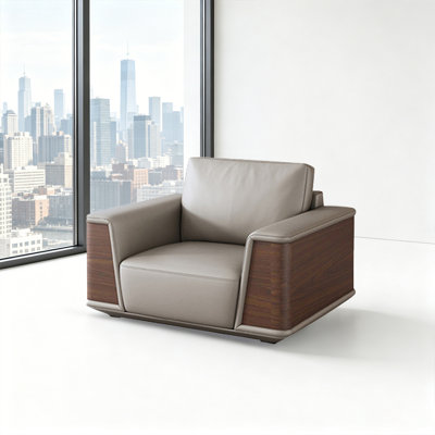 Modern Genuine Leather Accent Chair, Single Living Room Armchair with Wood Grain Armrests & Plush Cushions, Contact Area Genuine Leather Lounge Chair