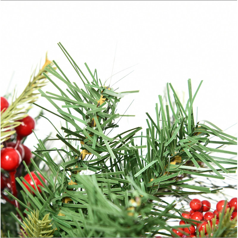 Arbre de Noël artificiel sans cordon avec lumières DEL blanc chaud, baies rouges, pommes de pin, pour entrée extérieure