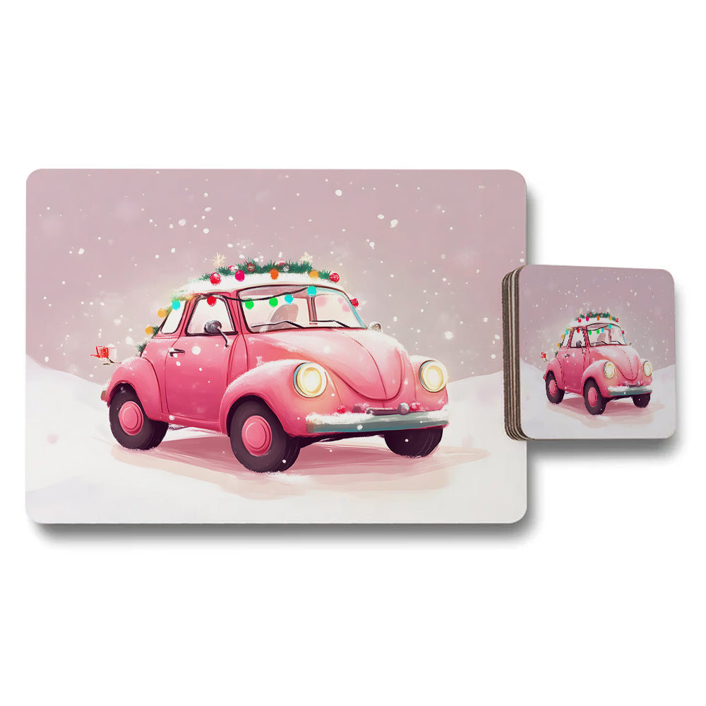 Pink Vintage Car Christmas Placemats And Coasters Set