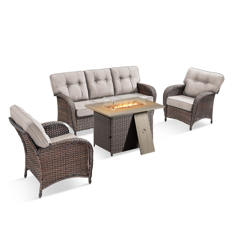 Teebeck 4-Piece Outdoor Wicker Patio Conversation Set With Cushions And Rectangle Fire Pit Table, Beige