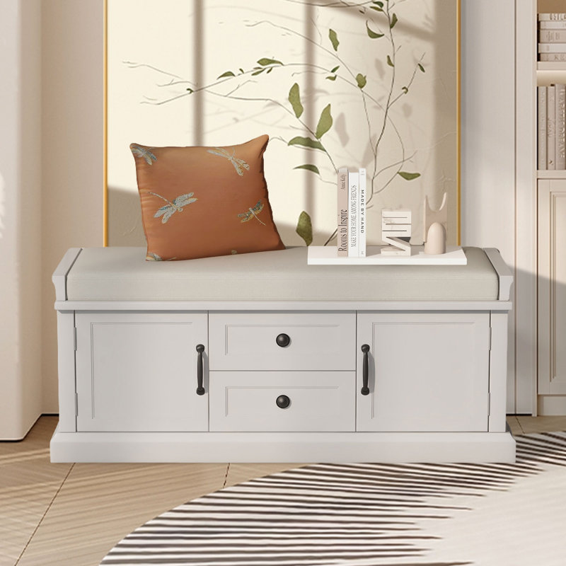 Velvet Upholstered Storage Bench, White