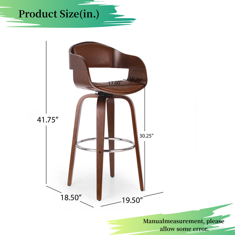Tabouret de bar pivotant de 30 po de hauteur Mid-Century - Placage de noyer et similicuir, repose-pieds chromé, brun, Brun