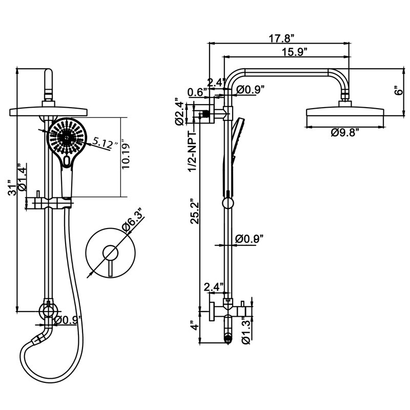 Système de douche complet en laiton massif avec valve brute, Noir mat