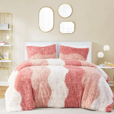 Édredon en fausse fourrure à poil long simple / simple TG, rembourrage, style ombré, dossier en microfibre douce, literie lavable à la machine, motif à vagues ton sur ton, textile