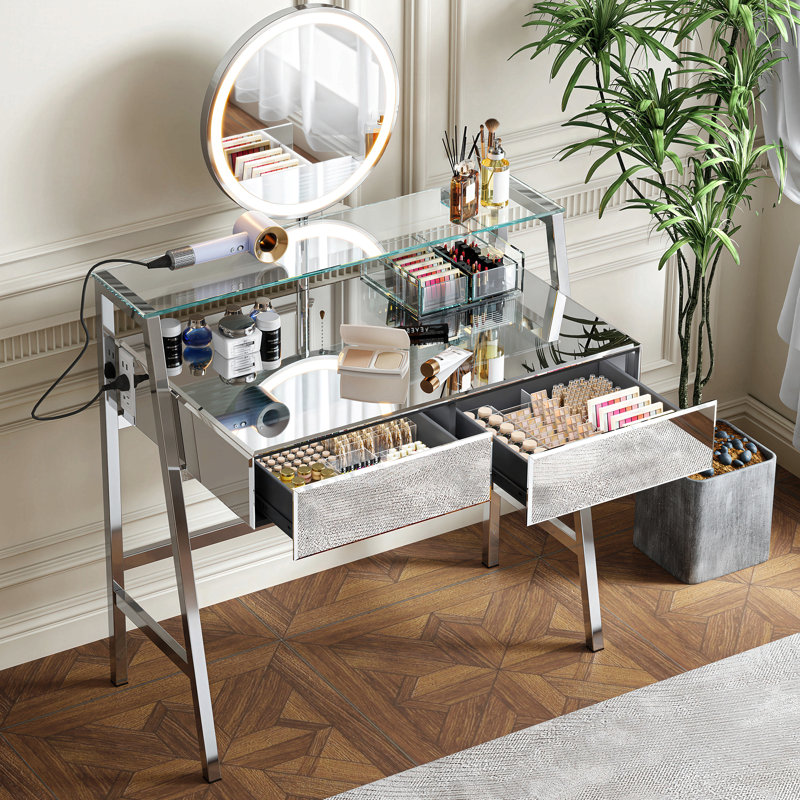 33.9" Mirrored Makeup Vanity Desk With Mirror And Lights, Mirrored Console Vanity Table With 2 Big Drawers & Open Shelf, Dressing Table With Charging Station For Bedroom, Silver