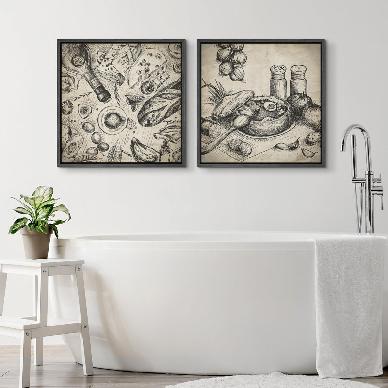 "Croquis de cuisine rétro, illustrations culinaires rustiques, art moderne minimaliste" - 2 pièces, H 24 po x l 24 po