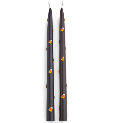 Halloween Candy Corn Hand Painted Taper Candles Black 2-Pack
