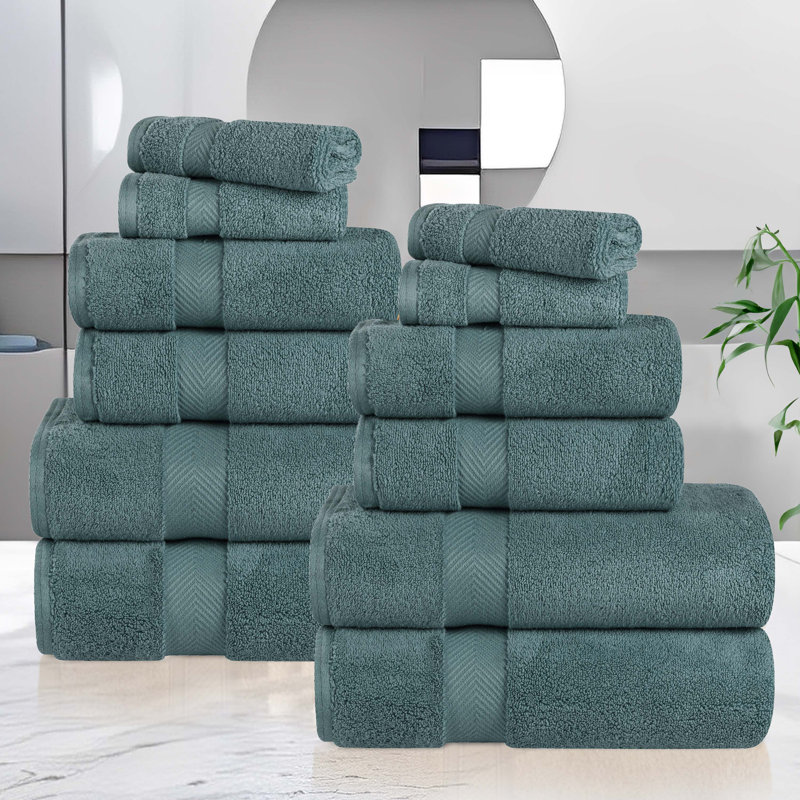 Fatih Zero Twist Cotton Solid Chevron Dobby Border Super Soft Absorbent 12 Piece Assorted Towel Set, Jade