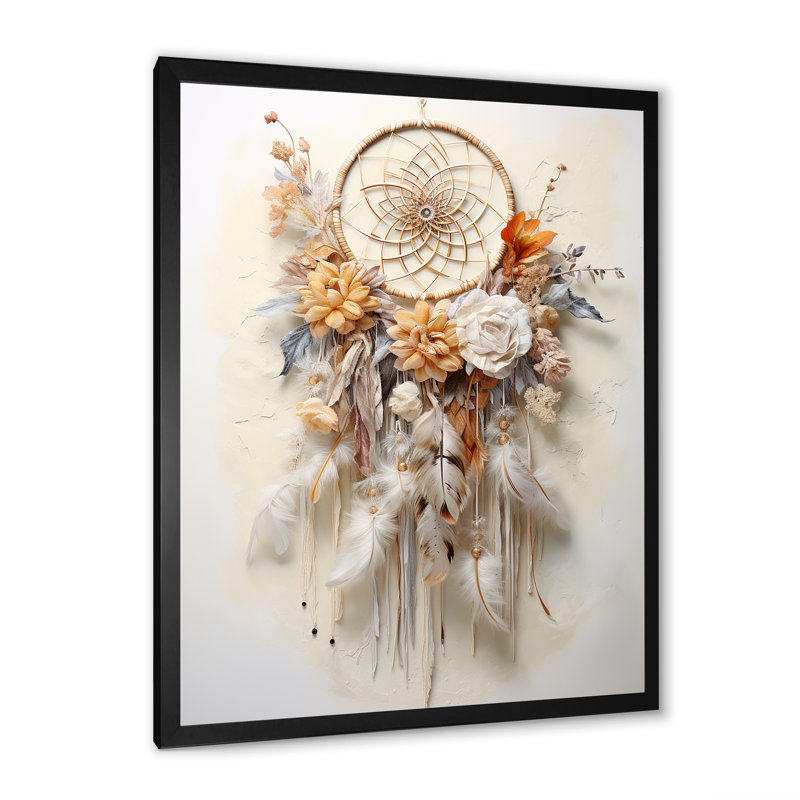 Capteur de rêves enchanteur beige I sur toile, Cadre simple noir, H 32 po x l 24 po x P 1 po