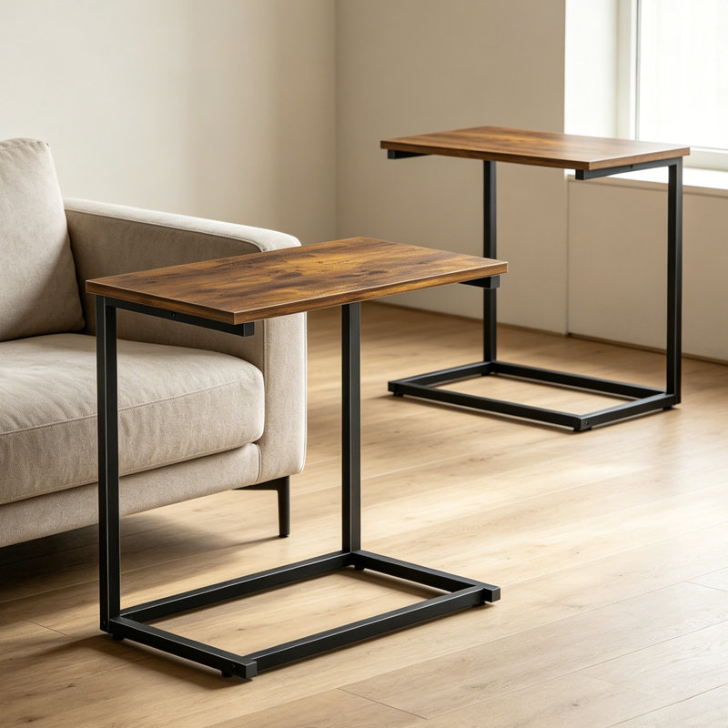 Ensemble de 2 tables d'appoint, plateaux en bois et structure en métal noir, tables basses modernes en forme de C pour chambre, canapé-lit, terrasse ou encore plateau télé pour salon.