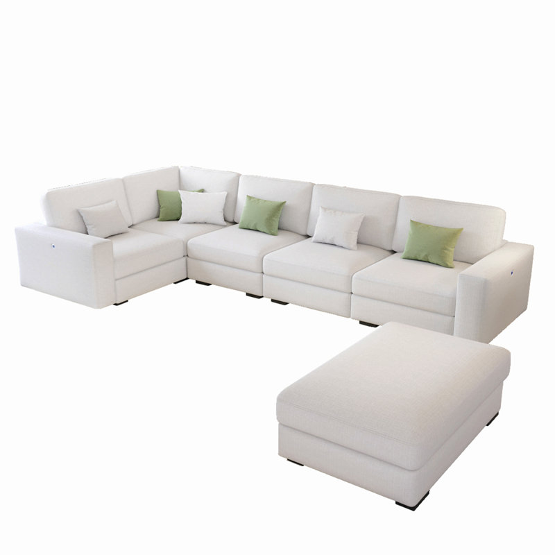Canapé modulaire en forme de U de 127 po avec repose-pieds blanc - ports USB / Type-C, aménagement convertible, mousse haute densité et structure en bois massif