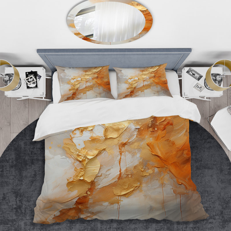 Ensemble d'édredon moderne 4 pièces - Spirales dorées et blanches avec des taies décoratives et des coussins décoratifs