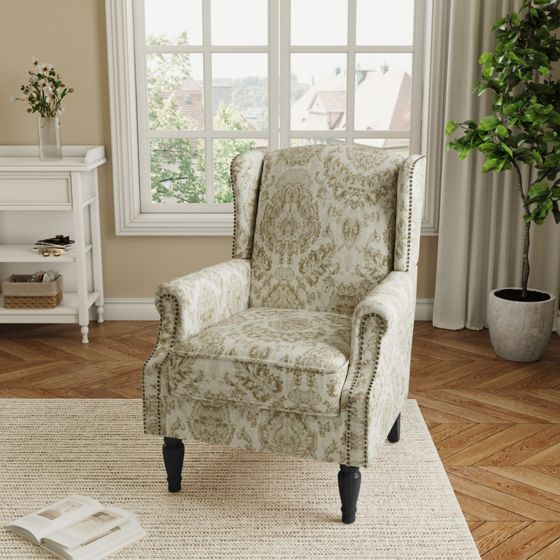 Upholstered Accent Chair, Damask White Polyester/Walnut