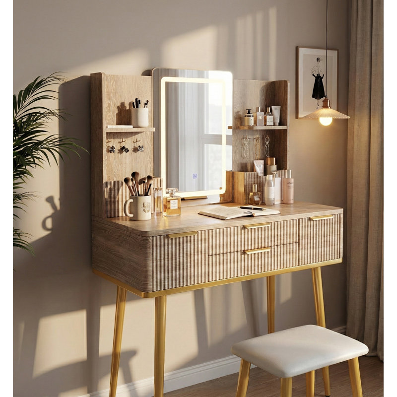 Ensemble de coiffeuse 30 po avec tabouret en polyuréthane, miroir à DEL intégré, tiroirs cannelés et rangement supplémentaire pour bijoux et maquillage, finition chêne naturel Avalon Janousek
