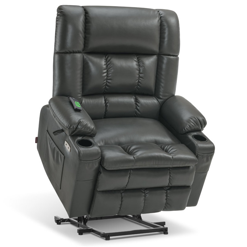 27'' W Oversized Dual Motor Power Lift Recliner Infinite Position With Heat And Massage, Faux Leather, Gray