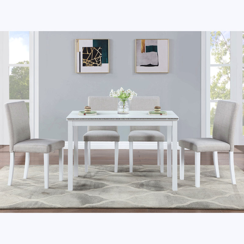 Ensemble de table de salle à manger en bois 5 pièces, ensemble de table de cuisine avec table rectangulaire et 4 chaises rembourrées, ensemble de table de salle à manger en bois avec décoration en cristal