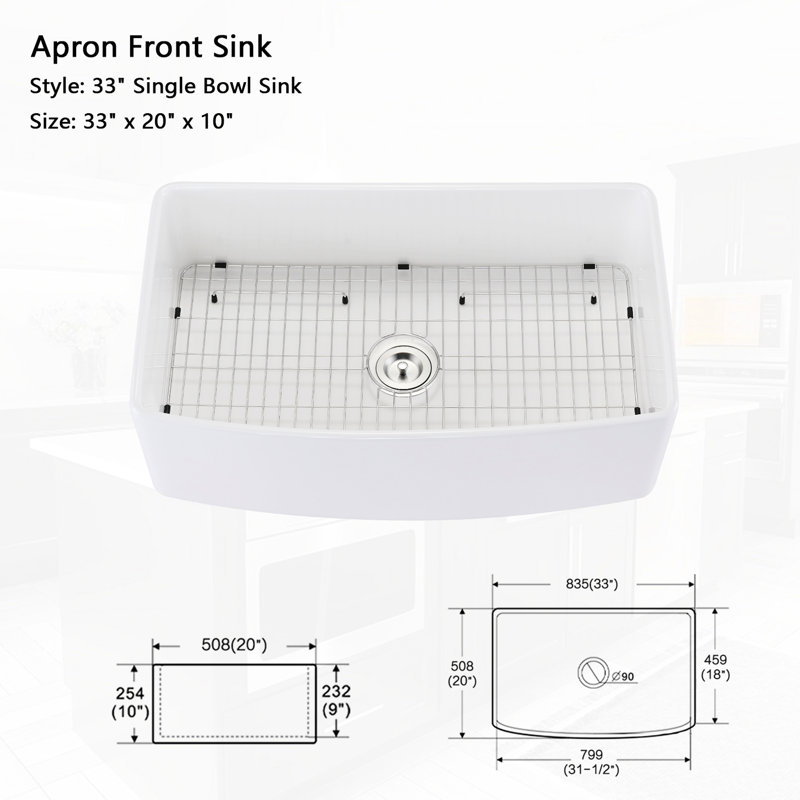Évier de cuisine 33 po x 20 po - blanc, tablier à bord arqué, chaleur, égratignures, réduction de la rouille, façade rapide à nettoyer 33 po x 20 po avec arche, isolation, essuyage facile