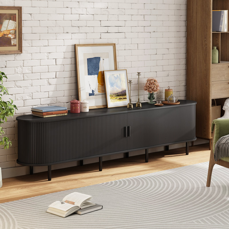 Meuble télé avec rangement et tablettes Jalonda, Noir, H 21,7 po x l 86,6 po x P 15,7 po