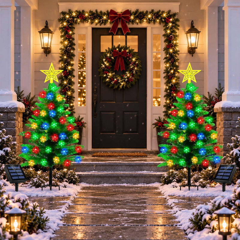 Lot de 2 sapins de Noël solaires de 1,10 m avec guirlandes lumineuses en forme de flocons de neige