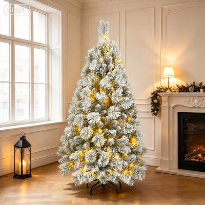 Arbre de Noël enneigé artificiel pré-éclairé avec branches en PVC, lumières, aiguilles de pin, décor des Fêtes