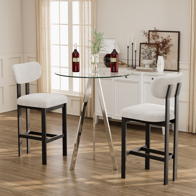 Modern Tempered Glass Round Bar Table Set With Upholstered Fabric Counter Height Barstools, 3 Pieces: Table, 2 Chairs, Cream