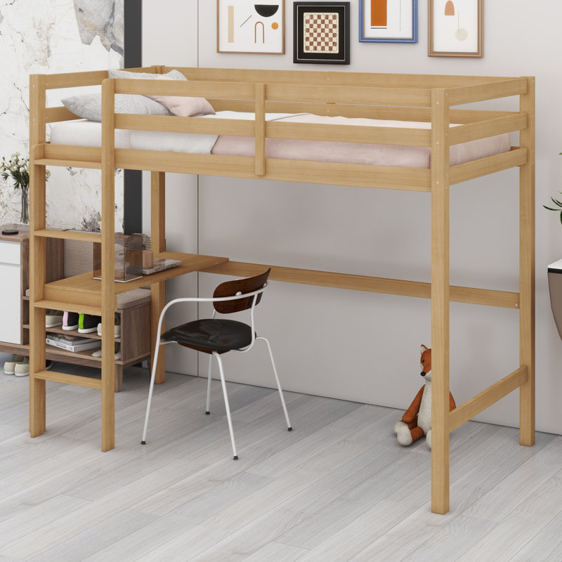High Wood Loft Bed, With Safety Guardrail, Built-In Desk, Ladder, White Oak
