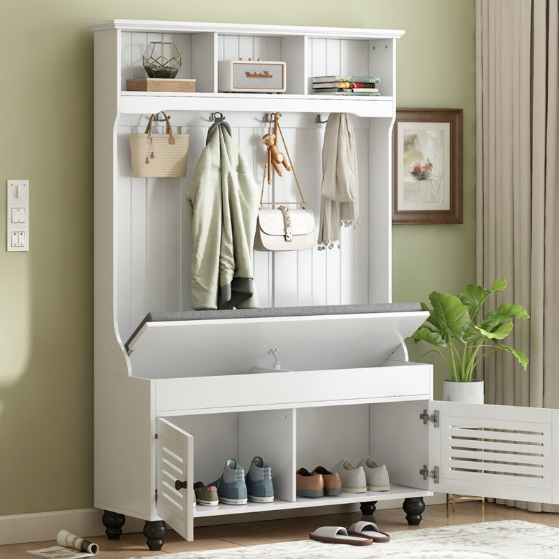 Banc d'entrée 5 en 1 avec portes à volets, portemanteau, coussin et 4 crochets robustes, portemanteau de 47,2 po de largeur pour une vie organisée