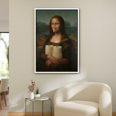 Mona Lisa Holding Toilet Paper with Peg Nose Clip Picture, Whimsical Renaissance Parody Wall Art Print for Quirky Bathroom or Gallery Wall