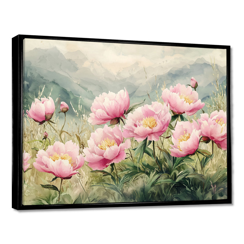 Pe pivoines dans la prairie alpine II - pivoines, art mural sur toile, H 12 po x l 20 po, Reproduction avec cadre flottant