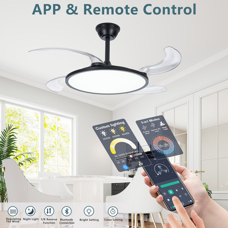 Ventilateurs de plafond rétractables avec lumières, ventilateur de plafond de 42 pouces avec lumière et télécommande, montage encastré, réversible à courant continu, 3CCT, faible bruit, ventilateur de plafond pour chambre à coucher, salon, cuisine, utilisation intérieure