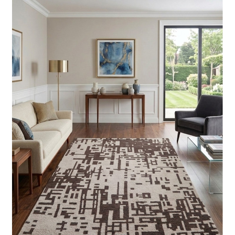Beige | Tapis brun contemporain fait à la main en laine brun, Rectangle 6 pi x 9 pi