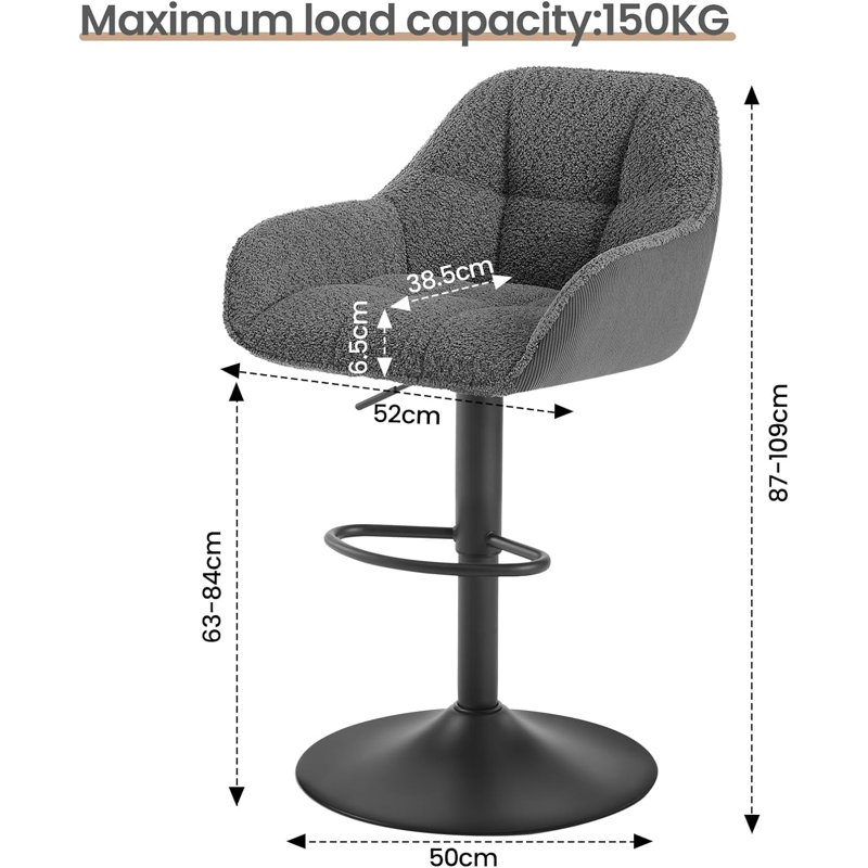 Akber Swivel Upholstered Adjustable Height Counter Stool with Metal Frame, Dark Grey