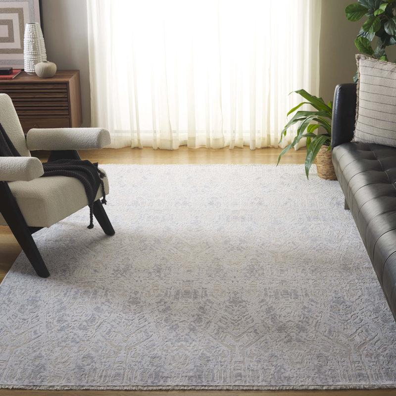 Tapis géométrique ivoire / argent en coton noué à la main Centennial, Rectangle 6 pi x 9 pi