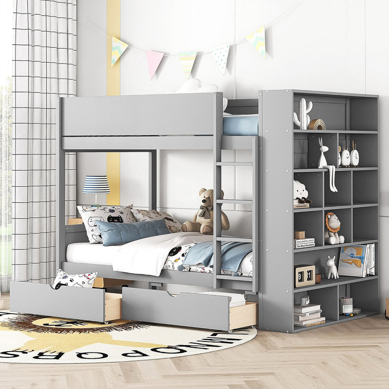 Lit superposé simple au-dessus de simple avec 2 tiroirs et armoire à couches multiples, Gris