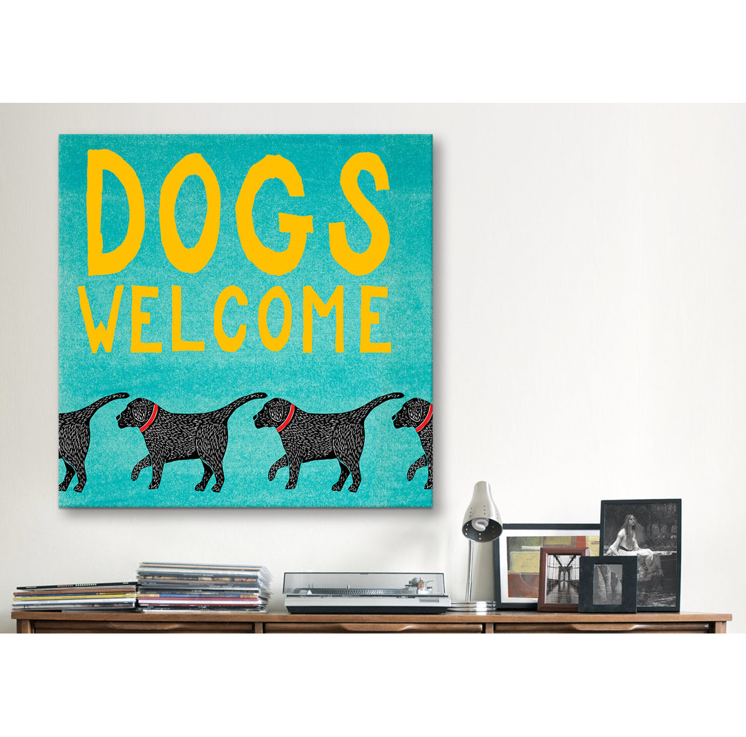 Dogs Welcome by Stephen Huneck Painting Print on Wrapped Canvas Winston Porter Mat 