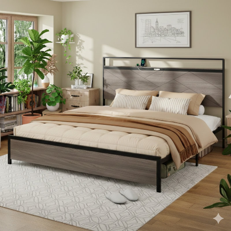 Structure de lit plateforme très grand en bois avec tête de lit avec lumières DEL et deux ports USB. Fonctionnement silencieux, aucun matelas à ressorts requis, outils d'assemblage simples. Offre un grand espace de rangement sous le lit en gris antique.
