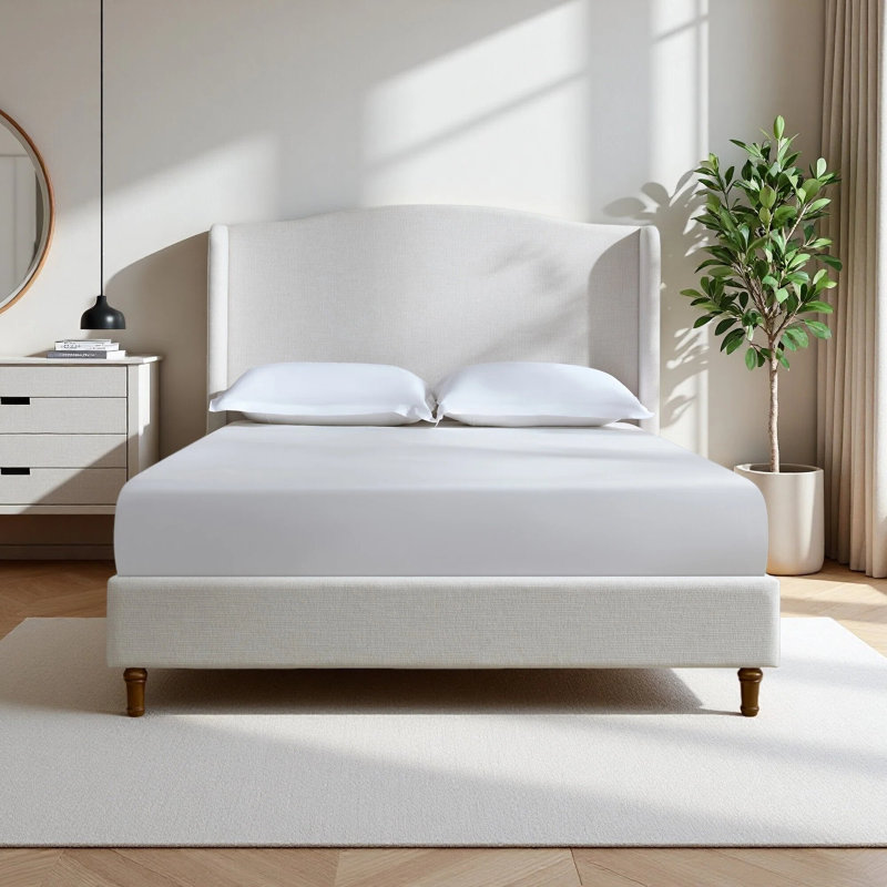 Upholstered Wingback Platform Bed With Solid Wood Legs,Chenille Fabric,No Box Spring Needed,King Size, King