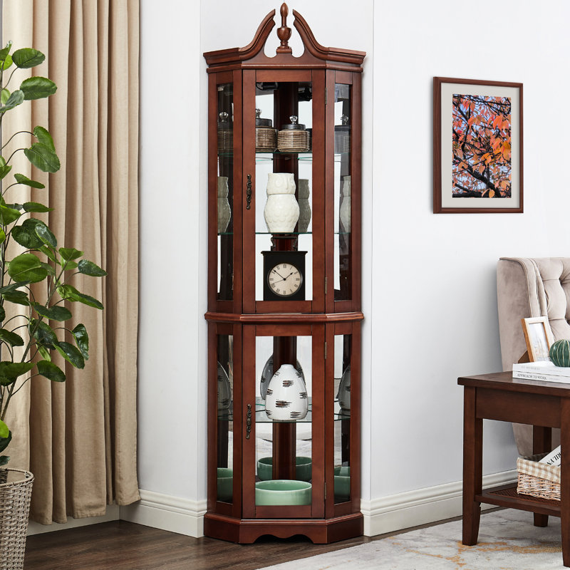 Vitrine en noyer avec dossier en miroir, tablettes réglables et lumières d'angle avec système d'éclairage, panneau arrière