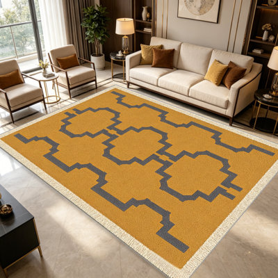 Tapis gris moutarde à motif de treillis gris anthracite pour le salon, doux et confortable, convient à toutes les saisons, facile à entretenir, tapis de sol intérieur lavable à la machine, sous la table de ferme convenant à la chambre à coucher, à la salle à manger, au bureau, au balcon, au patio