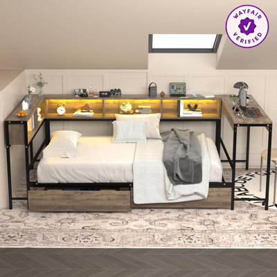 Natural Gray Twin Corner Bed Frame With Bookcase, Led Light, Charging Station, 2 Underbed Drawers, Left/Right Interchangeable, No Box Spring Needed For Teens & Adults Bedroom