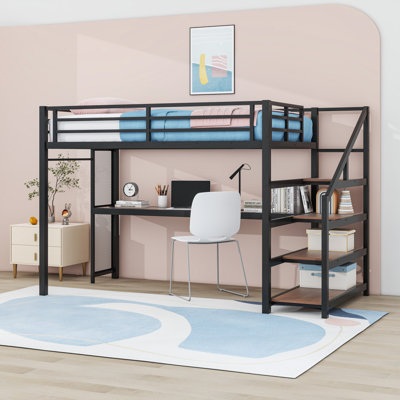 Twin XL Metal Loft Bed With LED Lights, USB Ports,  Stairs And Desk