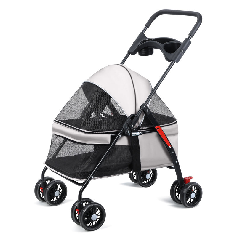 4 Wheels Dog Cat Stroller, Outdoor Travel Pet Folding Stroller, Dog Cat Cage Stroller with Cup Holder, Breathable and Visible Mesh for Small Dog