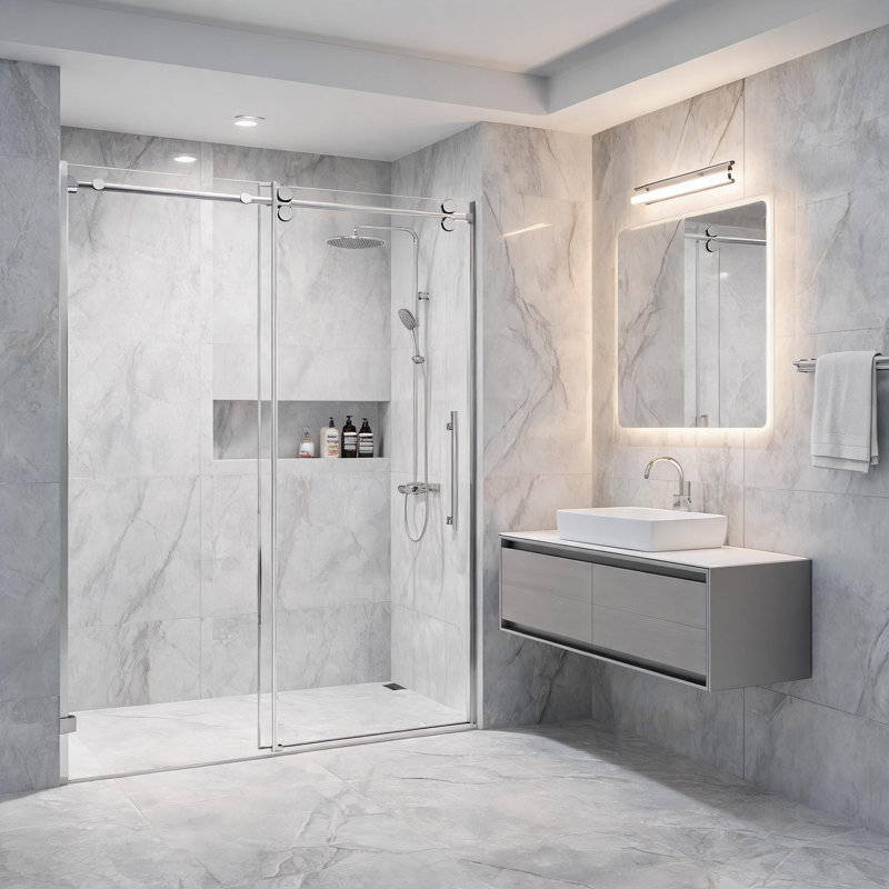 Porte de douche fixe et coulissante en acier inoxydable chromé de 152 cm x 168 cm avec verre trempé transparent et quincaillerie tubulaire ronde